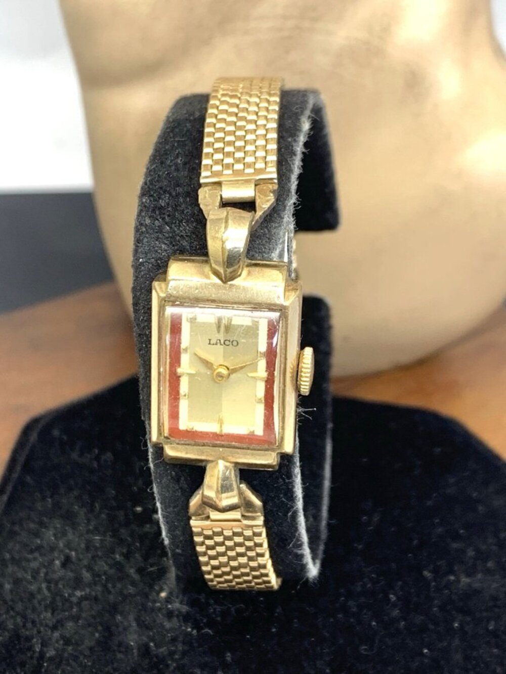 Laco Women's Watch Vintage Manual Wind Gold Red Dial Stainless Steel Tank 15mm